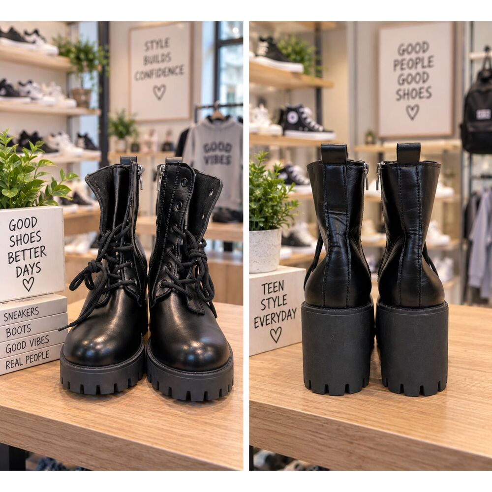 Black Chunky Block Heel Combat Boots Side Zip Lug Sole Size US 9.5/10
